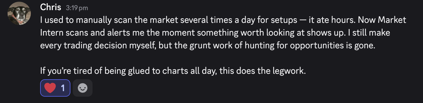 Message from a MarketIntern user, Chris: the tool does the legwork — I still make every trading decision myself