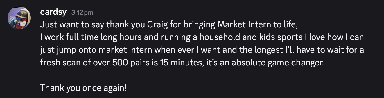 Message from a MarketIntern user, cardsy: a fresh scan of over 500 pairs in 15 minutes — an absolute game changer